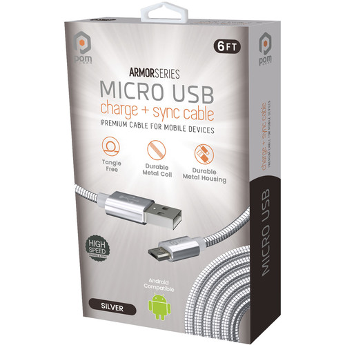 POM GEAR Metal Coil Micro-USB to USB Type-A Cable (6', Silver)