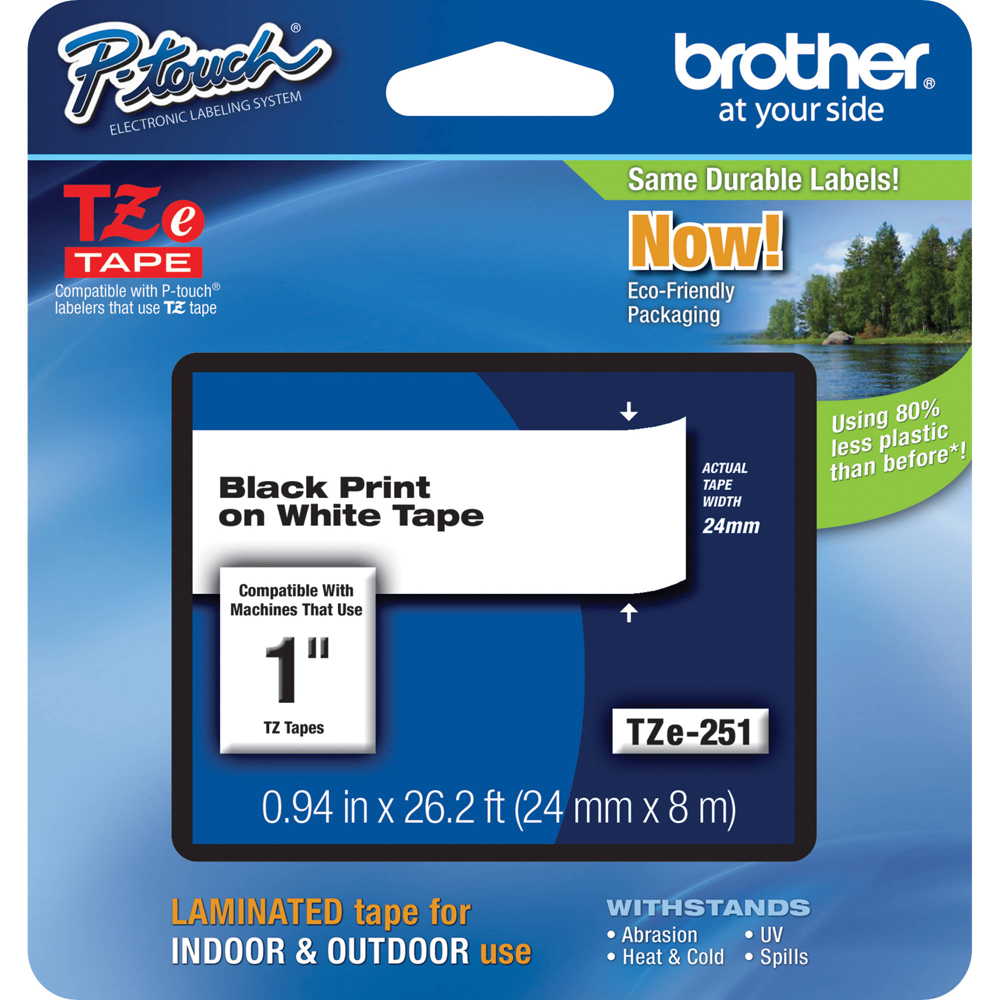 Brother TZe251 Laminated Tape for P-Touch Labelers (Black on White, 1" x 26.2')