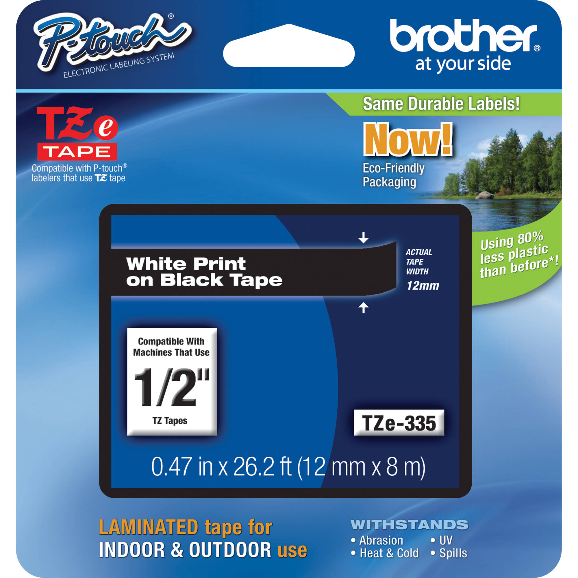 Brother TZe335 Laminated Tape for P-Touch Labelers (White on Black, 1/2" x 26.2')