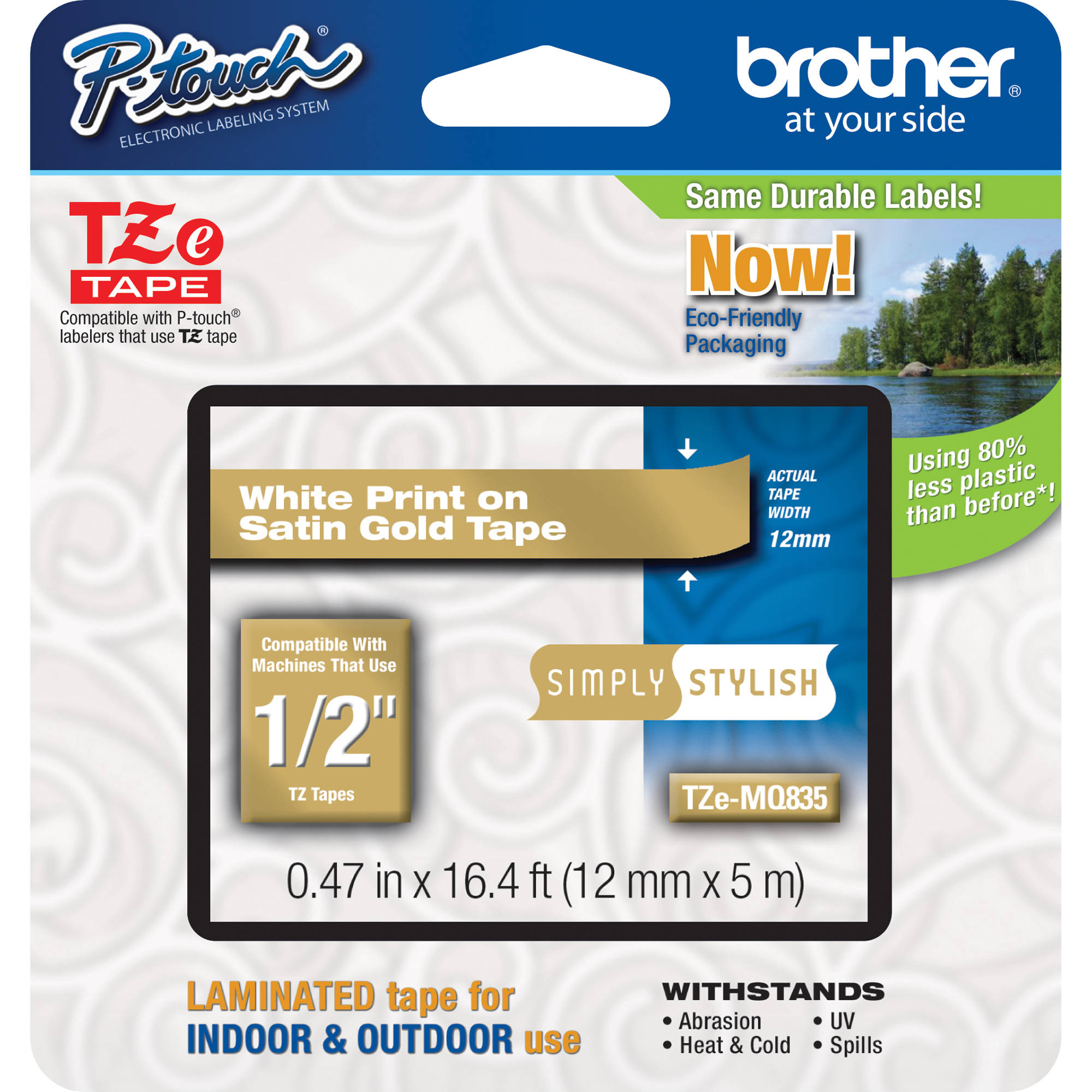 Brother TZeMQ835 Laminated Tape for P-Touch Labelers (White on Satin Gold, 1/2" x 16.4')