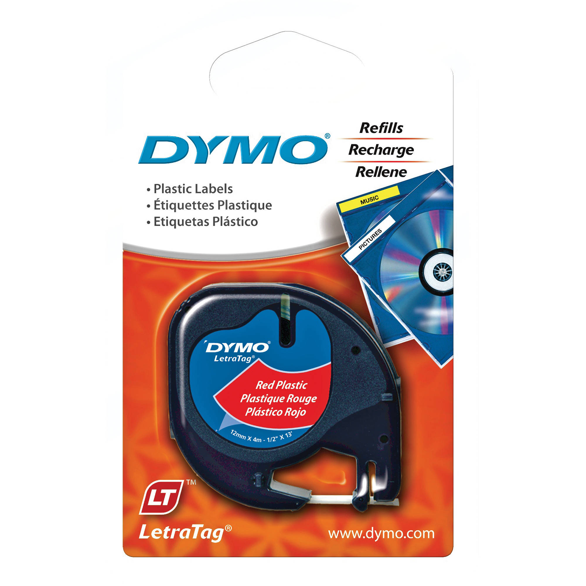 Dymo Plastic LetraTag Tape (Black on Red, 1/2" x 13')
