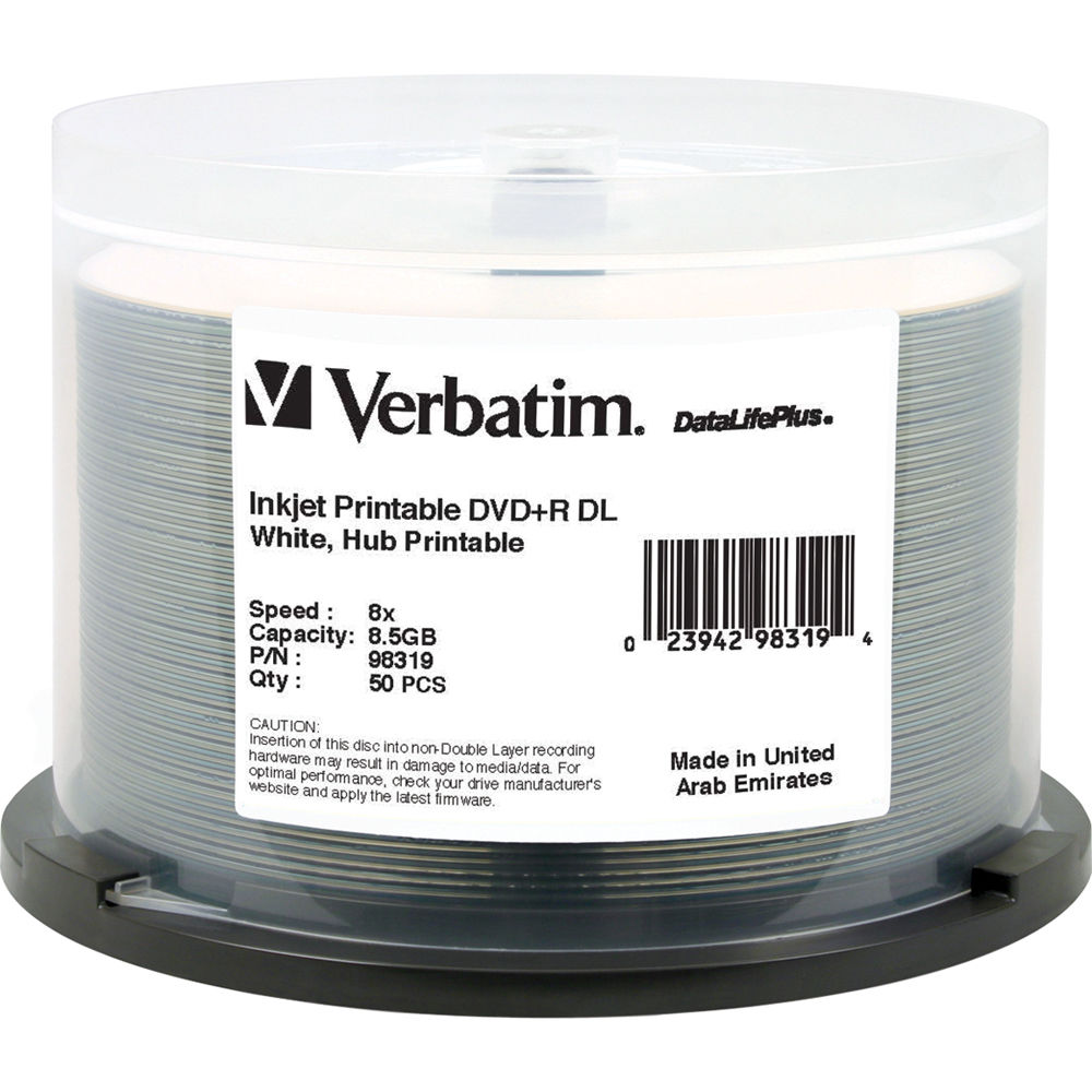 Verbatim 8.5GB DVD+R DL 8x DataLifePlus Inkjet Printable (50-Pack Spindle)